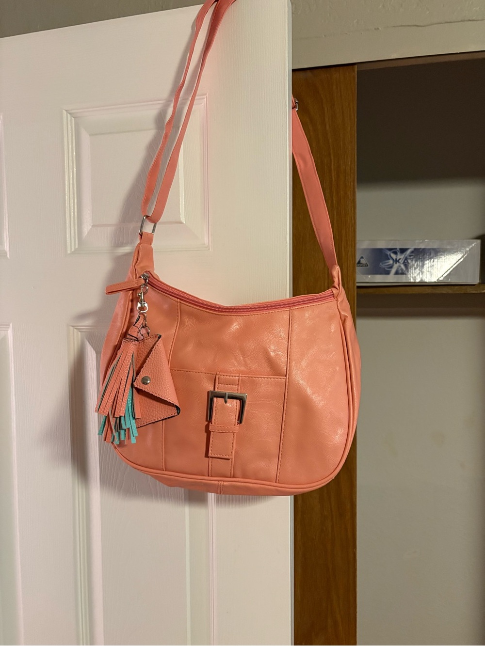 Coral Faux-Leather Shoulder Bag with Tassel Accent